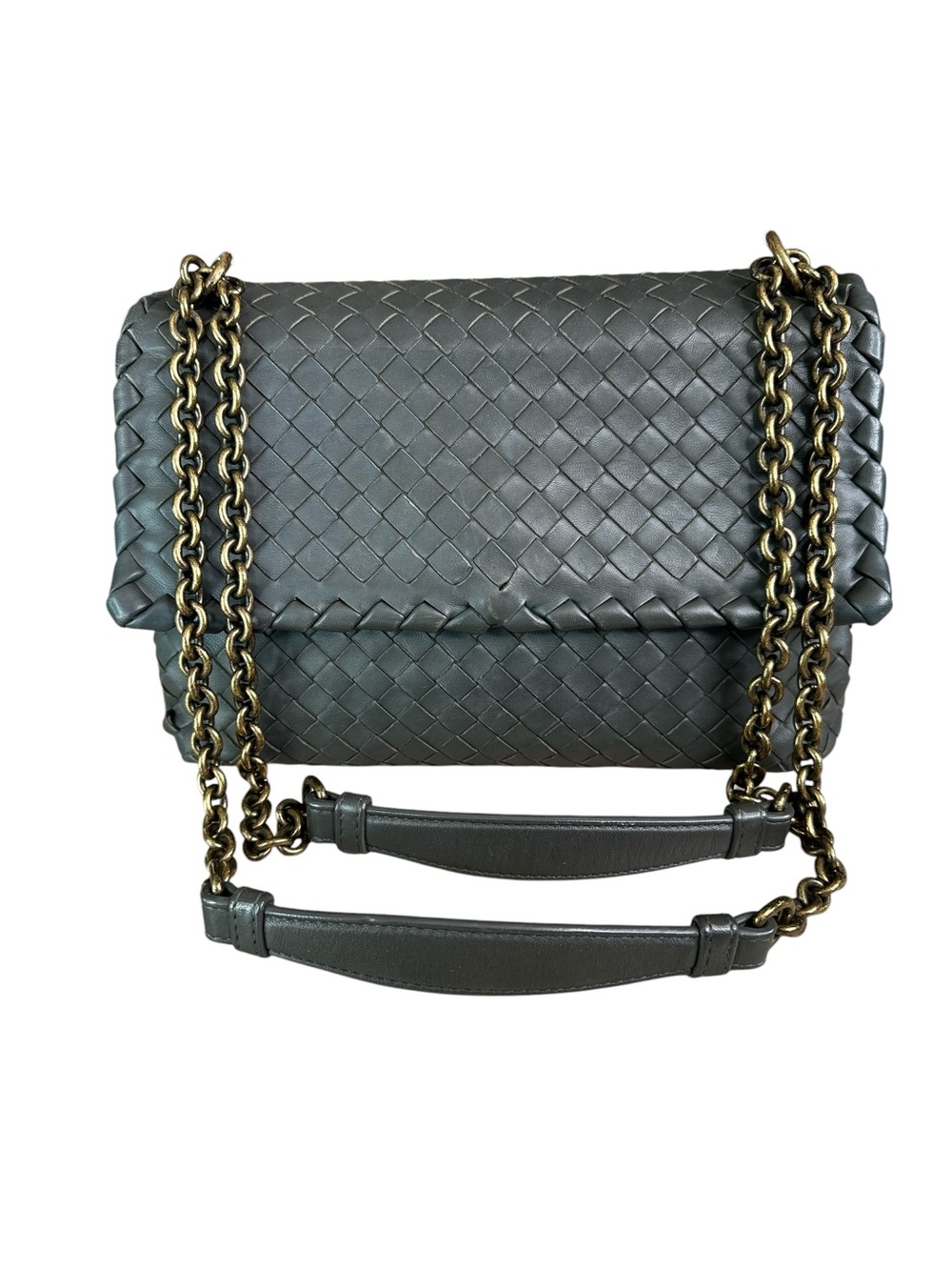 Bottega Veneta Black Intrecciato Leather Shoulder Bag with Antique Gold Chain